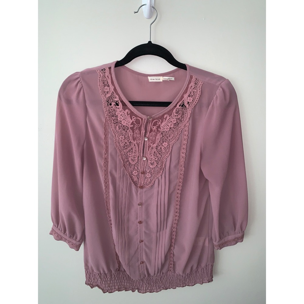 Blue Bird Mauve Lace Crochet Pintuck Blouse Smocked Hem 3/4 Sleeve Top Medium